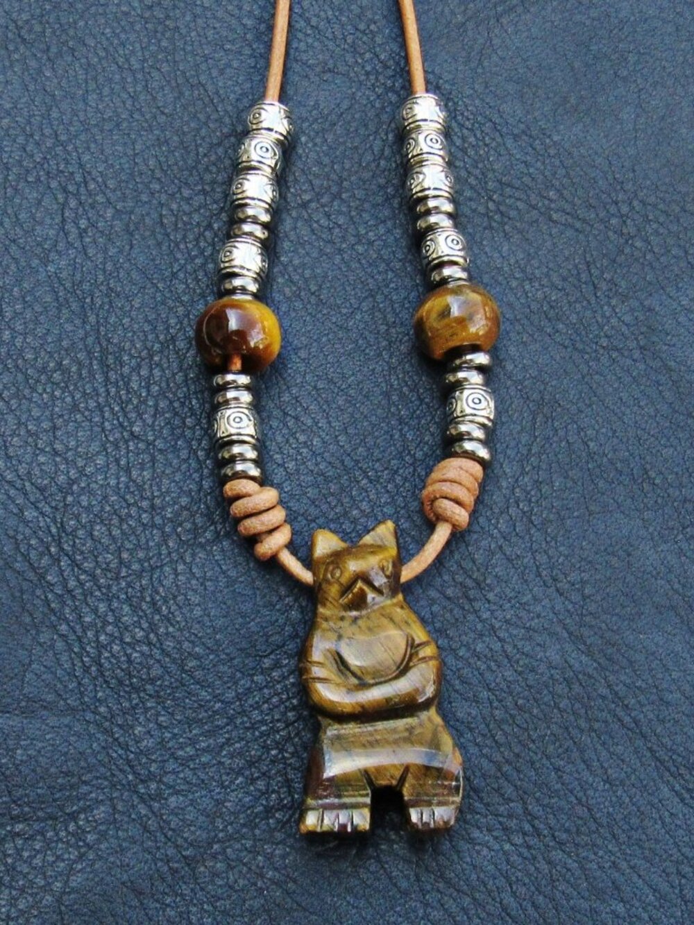Leather and Carved Bear Totem Necklace Tiger Eye Brown Stone Primitive Pendant